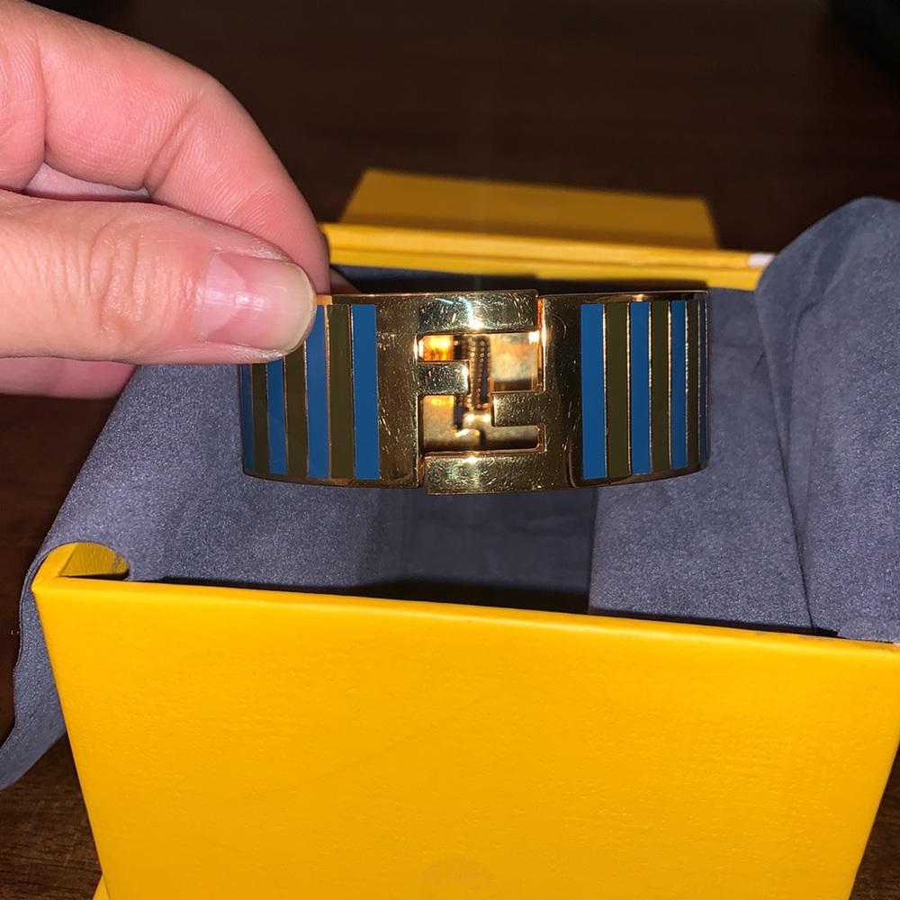 Fendi Gold and Blue Striped Hinged Cuff Bracelet - Picture 7 of 8